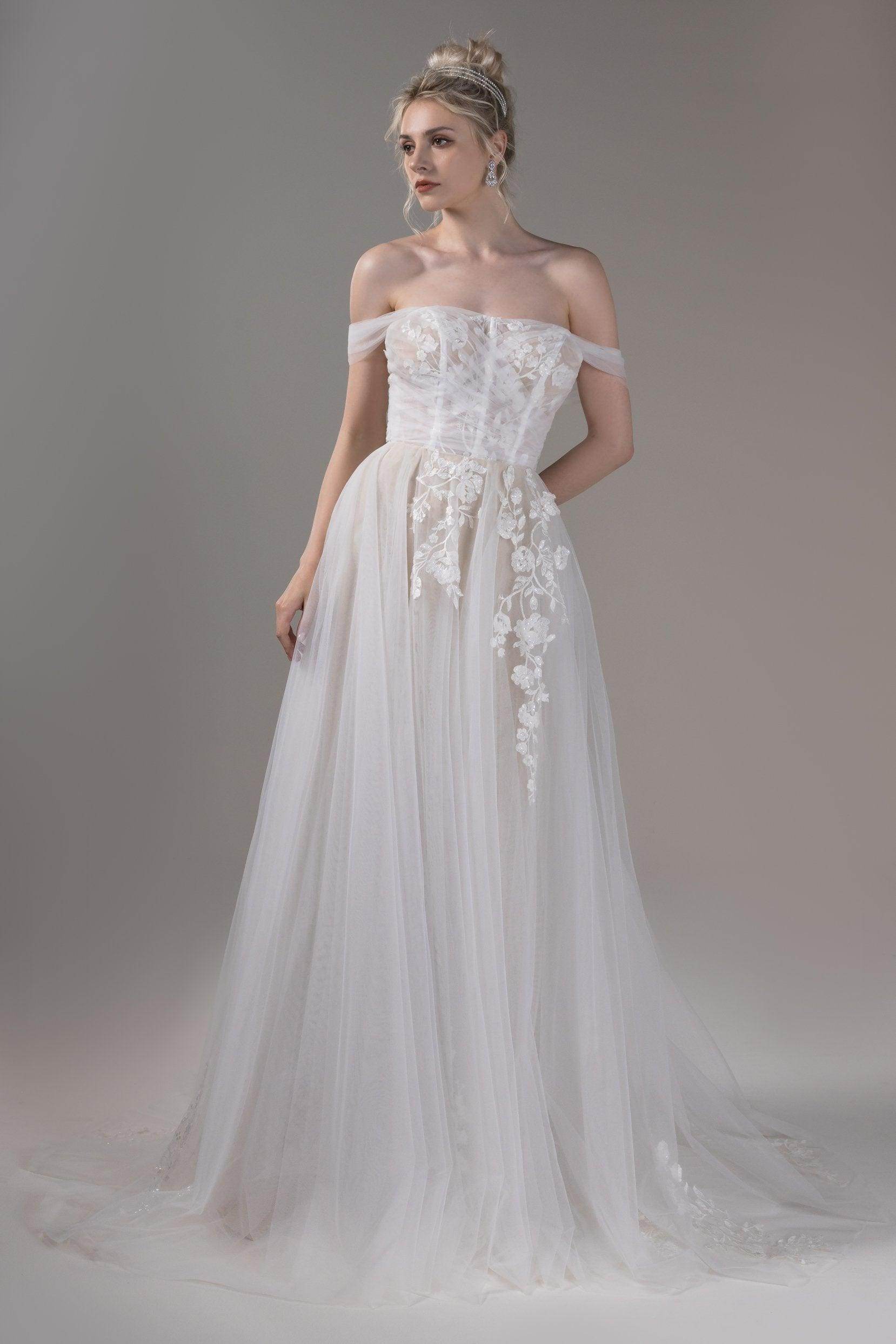 A-Line Court Train Lace Tulle Wedding Dress CW2651 - COCOMELODY
